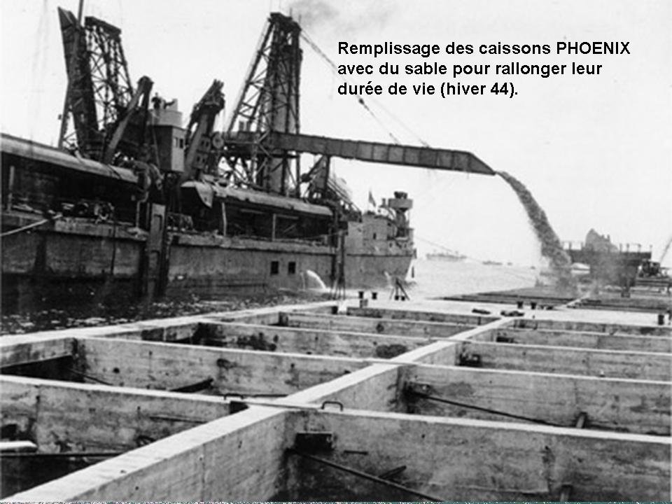 Remplissage des caissons Phenix pour le port artificiel pour le débarquement construit par les alliés pendant la seconde guerre mondiale